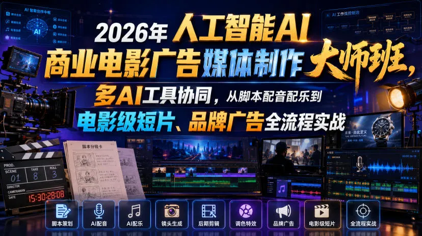 2026年人工智能AI商业电影广告媒体制作大师班，多AI工具协同，从脚本配音配乐到电影级短片、品牌广告全流程实战（中英字幕）mc69.cn - 副业项目分享,互联网学习资源,考公考研资料,虚拟资料与创业思路天璇笔记网