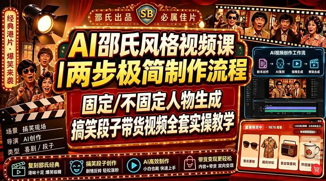 （19602期）AI邵氏风格视频课｜两步极简制作流程，固定/不固定人物生成，搞笑段子带货视频全套实操教学mc69.cn - 副业项目分享,互联网学习资源,考公考研资料,虚拟资料与创业思路天璇笔记网