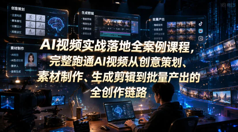 AI视频实战落地全案例课程,完整跑通AI视频从创意策划、素材制作、生成剪辑到批量产出的全创作链路 AI视频实战落地全案例课程,完整跑通AI视频从创意策划、素材制作、生成剪辑到批量产出的全创作链路