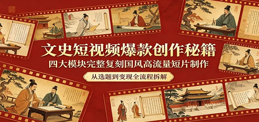 文史短视频爆款创作秘籍：四大模块完整复刻国风高流量短片制作mc69.cn - 副业项目分享,互联网学习资源,考公考研资料,虚拟资料与创业思路天璇笔记网