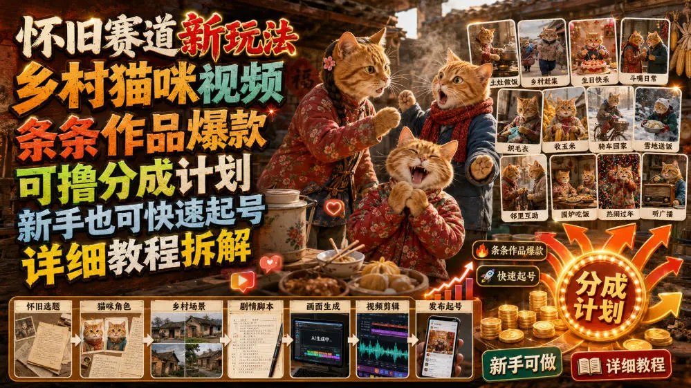 怀旧赛道新玩法，乡村猫咪视频，条条作品爆款，可撸分成计划，新手也可快速起号，详细教程拆解mc69.cn - 副业项目分享,互联网学习资源,考公考研资料,虚拟资料与创业思路天璇笔记网
