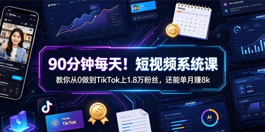 90分钟每天！短视频系统课教你从0做到TikTok上1.8万粉丝，还能单月賺8k【原创双语字幕】mc69.cn - 副业项目分享,互联网学习资源,考公考研资料,虚拟资料与创业思路天璇笔记网