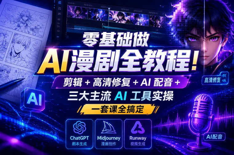 零基础做AI漫剧全教程！剪辑+高清修复+AI配音+三大主流AI工具实操，一套课全搞定mc69.cn - 副业项目分享,互联网学习资源,考公考研资料,虚拟资料与创业思路天璇笔记网