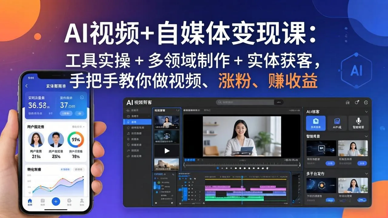 AI视频+自媒体变现课：工具实操 + 多领域制作 + 实体获客，手把手教你做视频、涨粉、赚收益mc69.cn - 副业项目分享,互联网学习资源,考公考研资料,虚拟资料与创业思路天璇笔记网