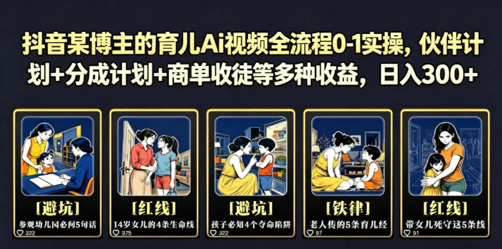 抖音某博主的育儿Ai视频全流程0-1实操，伙伴计划+分成计划+商单收徒等多种收益，日入300+mc69.cn - 副业项目分享,互联网学习资源,考公考研资料,虚拟资料与创业思路天璇笔记网