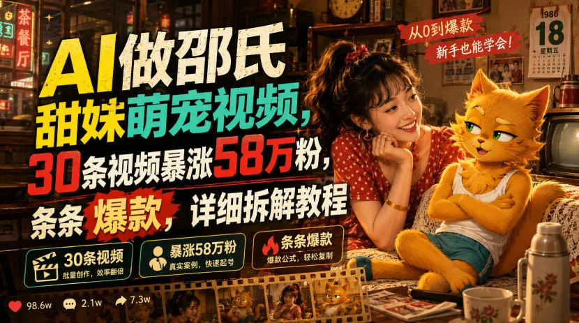 AI做邵氏甜妹萌宠视频，30条视频暴涨58万粉，条条爆款，详细拆解教程mc69.cn - 副业项目分享,互联网学习资源,考公考研资料,虚拟资料与创业思路天璇笔记网